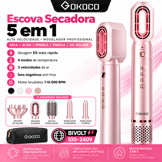 GOKOCO Modelador de Cabelo 5 em 1 Bivolt – Escova Secadora de Alta Velocidade com Íons, Alisador e Modelador