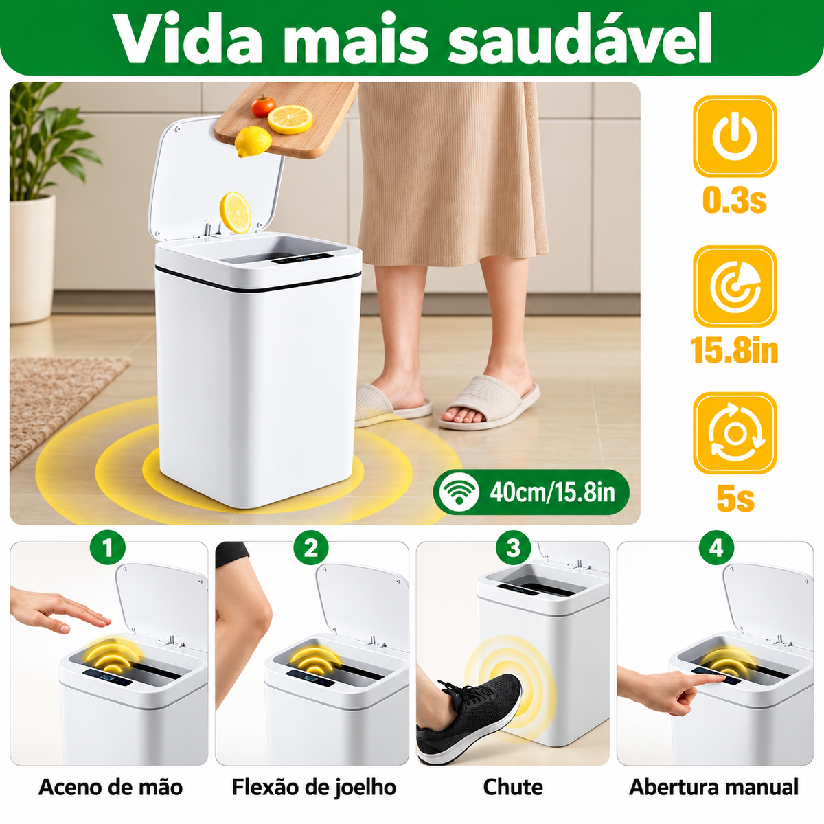 Lixeira com Sensor Automático Inteligente Abre Fácil em Toque Cesto Lixo Casa 16 Litros