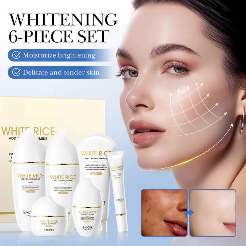 Conjunto de Cuidados Essenciais com a pele, soro facial clareador, creme removedor de rugas, encolhe os poros, desbota, melanina opaca, hidrata e ilumina, (6 peças)